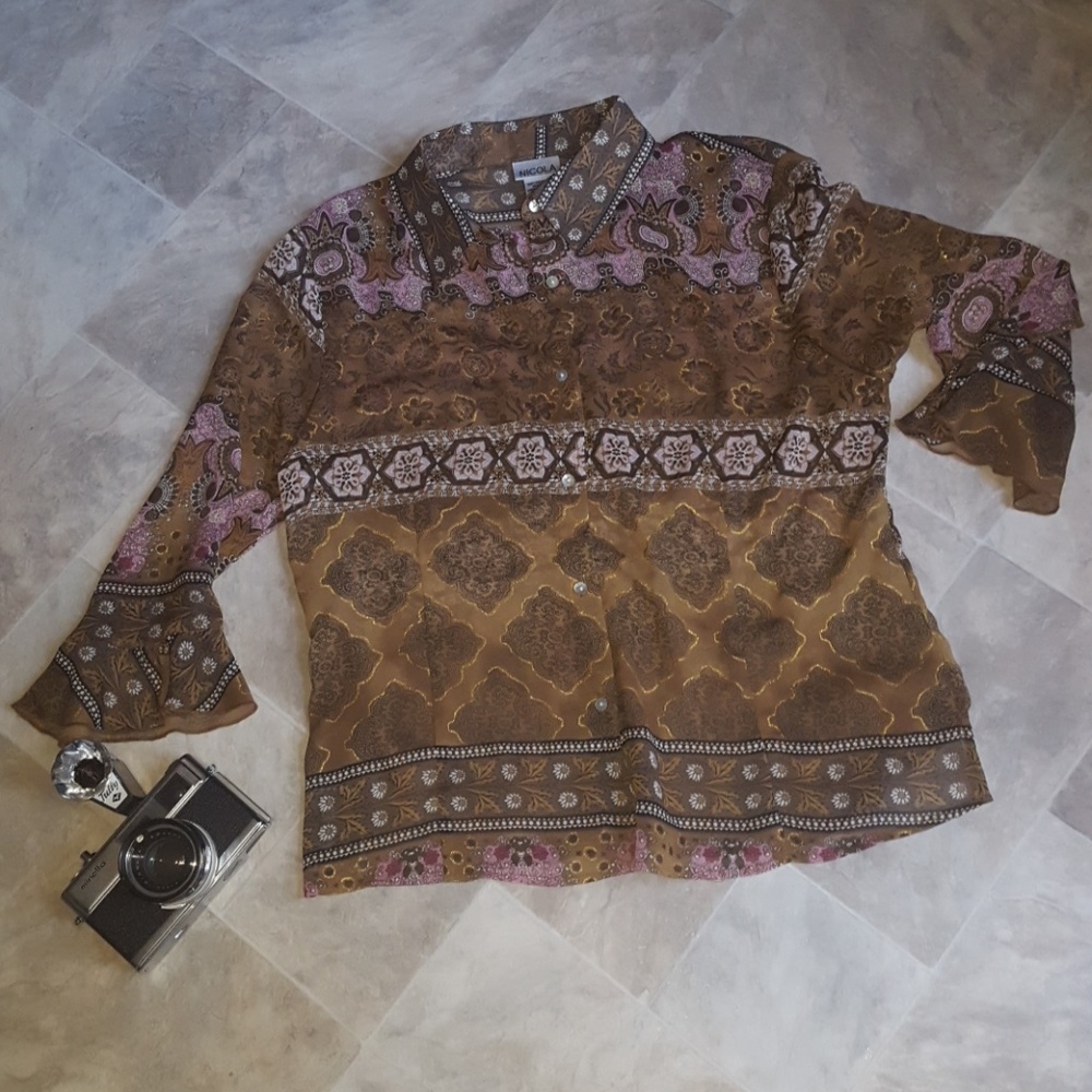 Nicola sheer blouse w gold thread Fall colors!